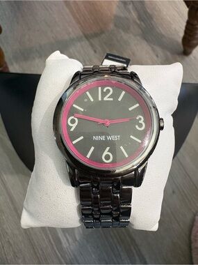 Women’s Nine West Black Metal Bracelet Watch with Pink Accents